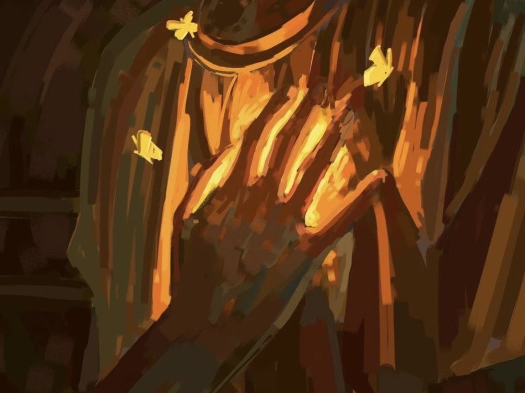 Artwork of a hand illuminating a chest once put upon it.