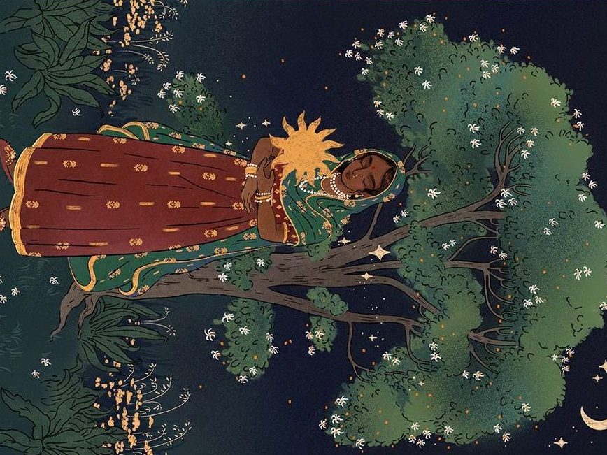 Art piece of a South Asian women in cultural attire, standing in front of a tree.