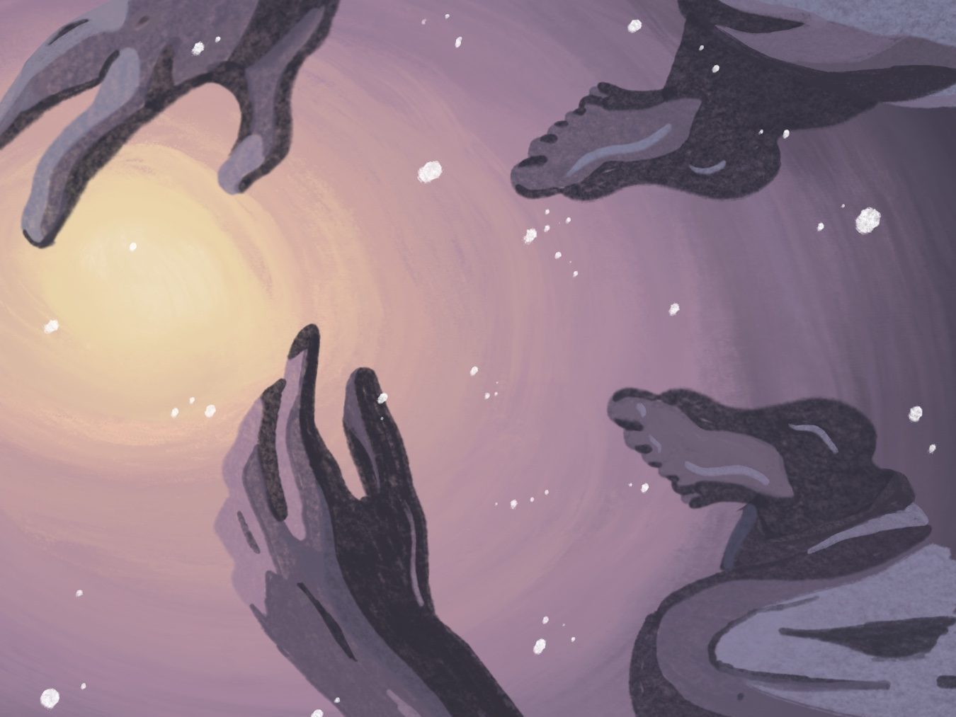 Illustration of hands and feet floating towards the purple coloured sunrise.
