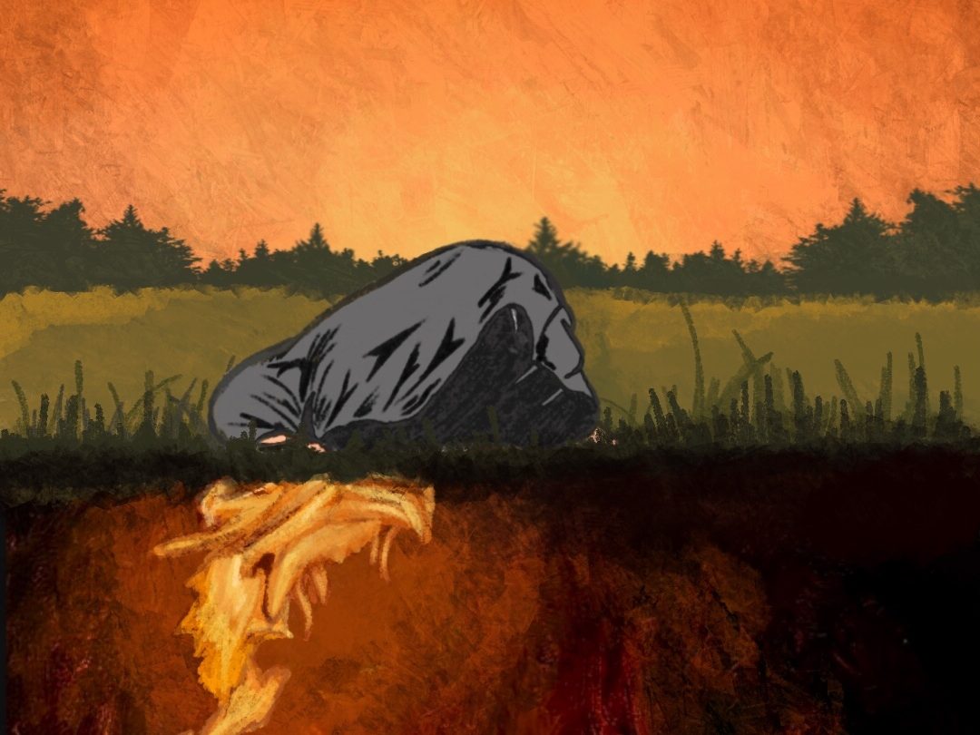 Women praying with her head down against the ground over a sunset. Flames of fire lay beneath the ground.