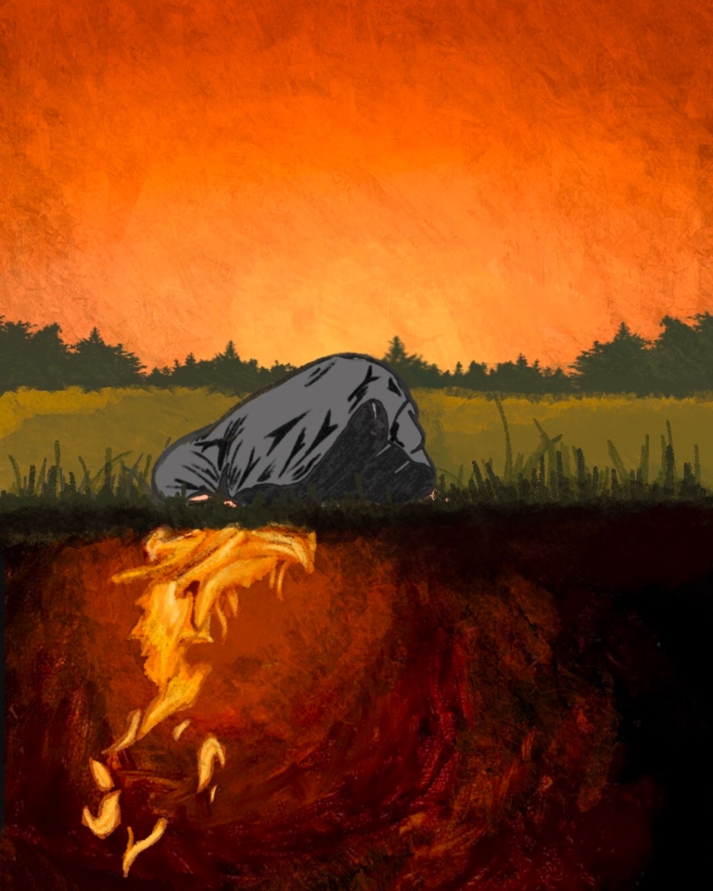 Women praying with her head down against the ground over a sunset. Flames of fire lay beneath the ground.