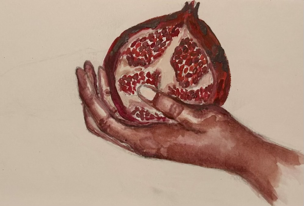 Painting of a hand holding up a pomegranate.