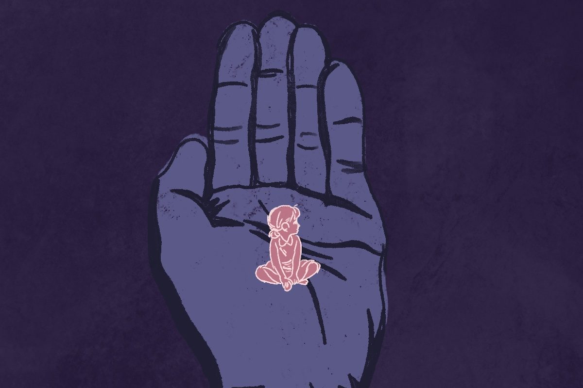 Sketch of a hand with a girl, small, sitting cross-legged in the palm of it.