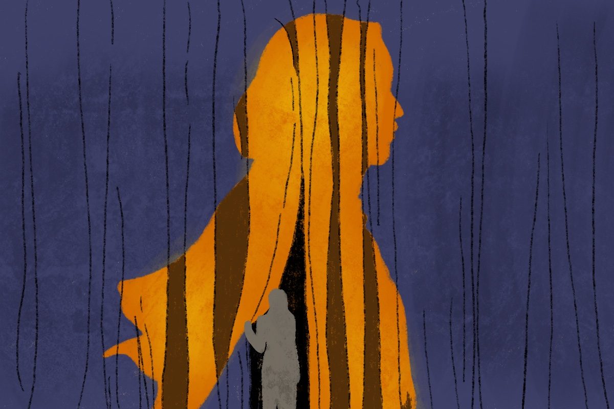 Drawing of a women lighting up between the shadow of a curtain.