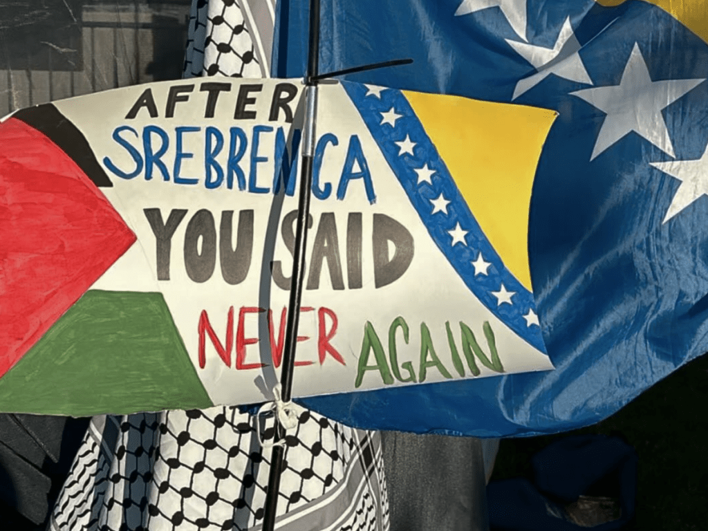Bosnian and Palestinian flags fly together at a pro-Palestinian encampment at Western University in 2024.