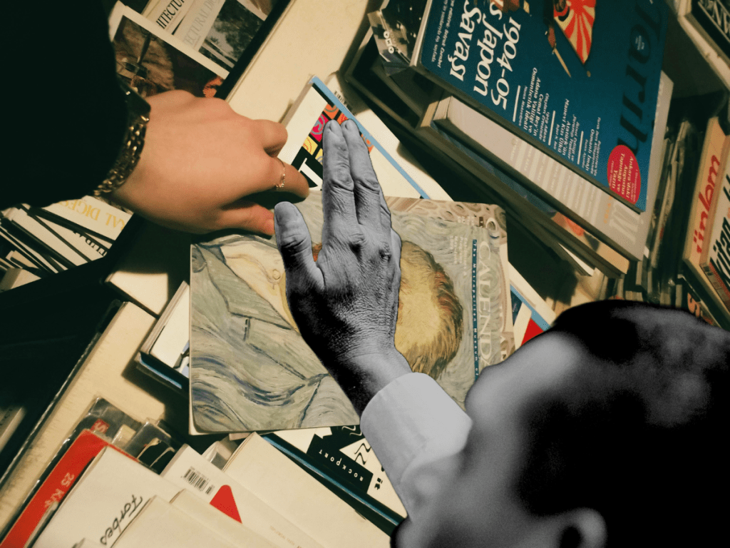 Van gogh art, politician hand raised covering it.