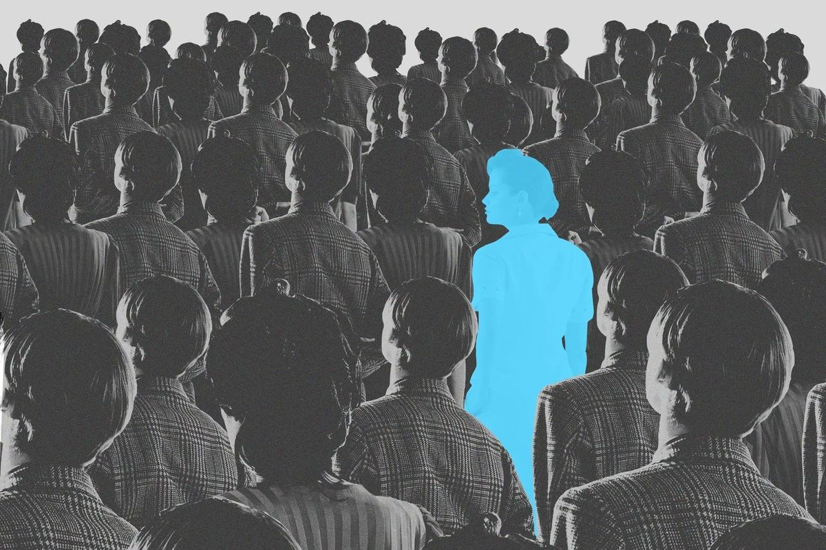 Art piece of men standing in a crowd with one women highlighted amongst it.